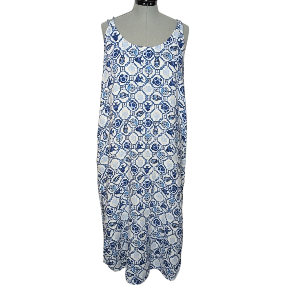 Isaac Mizrahi Fish Print Strappy Linen Blend Maxi Dress with pockets, size XL
